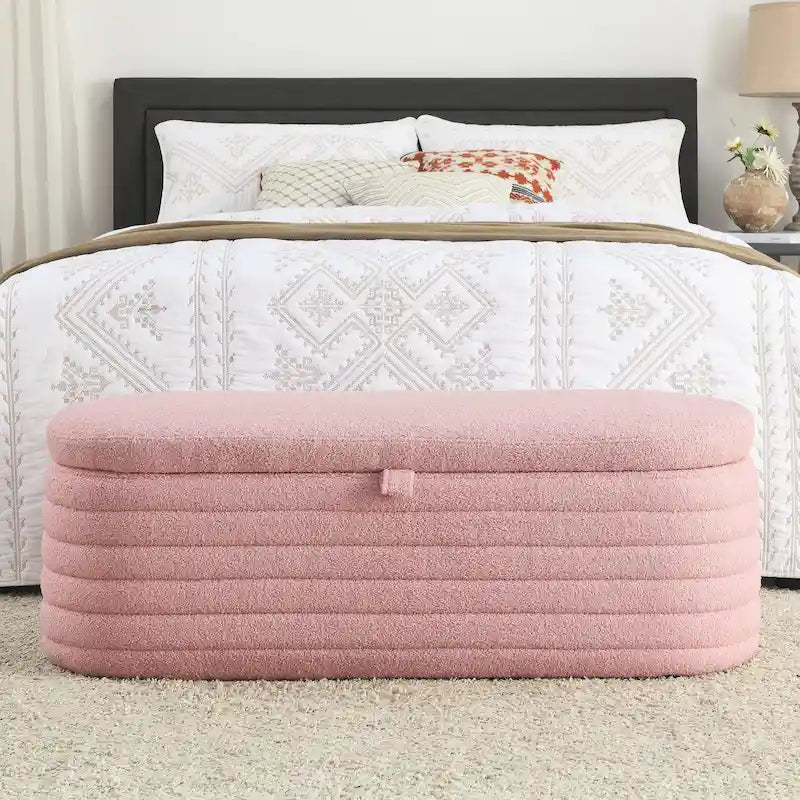 Banco de almacenamiento tapizado con tela Teddy, taburete para el pie de la cama con bisagra de seguridad