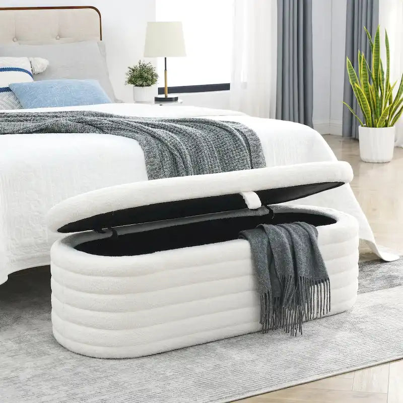 Teddy Fabric Upholstered Storage Bench End of Bed Stool with Safety Hinge