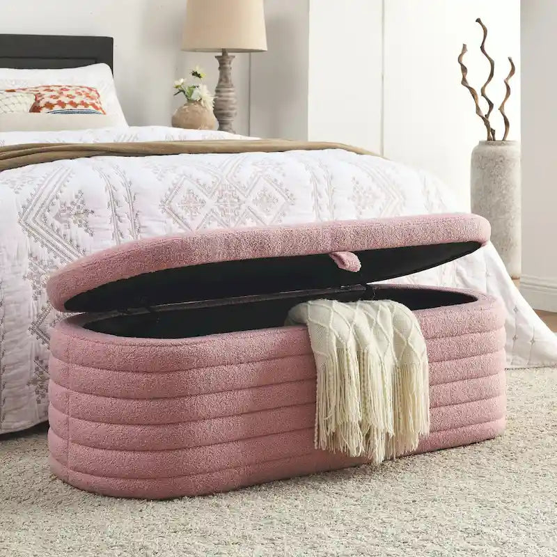 Banco de almacenamiento tapizado con tela Teddy, taburete para el pie de la cama con bisagra de seguridad