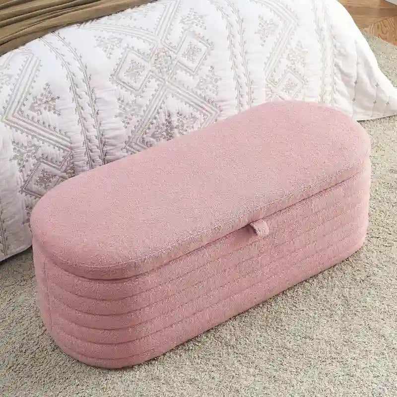 Banco de almacenamiento tapizado con tela Teddy, taburete para el pie de la cama con bisagra de seguridad