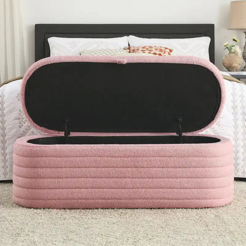Banco de almacenamiento tapizado con tela Teddy, taburete para el pie de la cama con bisagra de seguridad