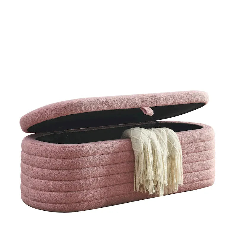 Banco de almacenamiento tapizado con tela Teddy, taburete para el pie de la cama con bisagra de seguridad