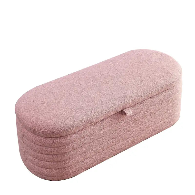 Banco de almacenamiento tapizado con tela Teddy, taburete para el pie de la cama con bisagra de seguridad