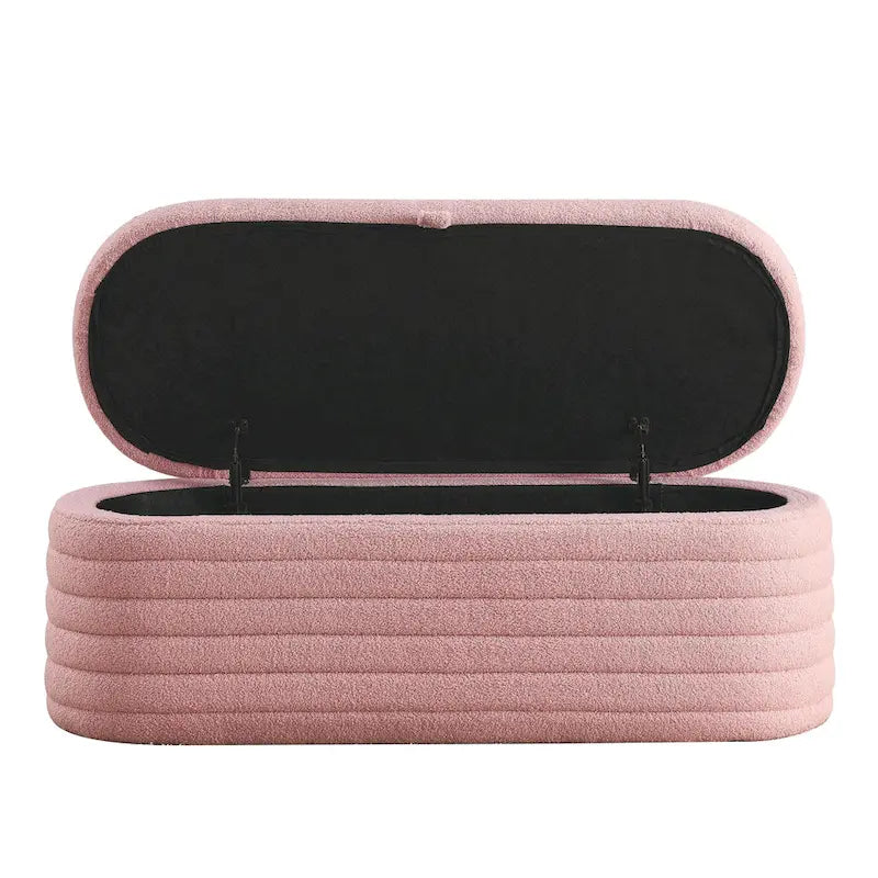 Banco de almacenamiento tapizado con tela Teddy, taburete para el pie de la cama con bisagra de seguridad