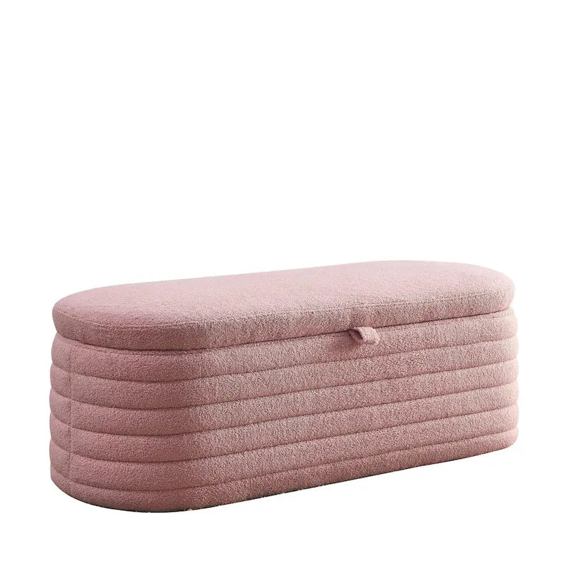 Banco de almacenamiento tapizado con tela Teddy, taburete para el pie de la cama con bisagra de seguridad