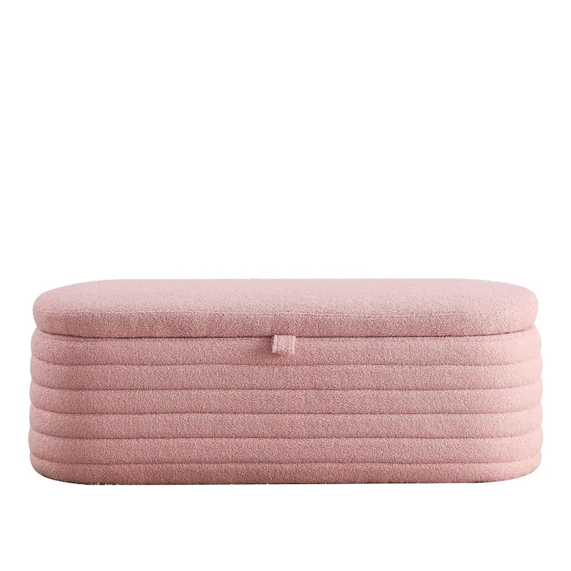 Banco de almacenamiento tapizado con tela Teddy, taburete para el pie de la cama con bisagra de seguridad