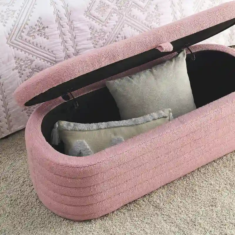 Banco de almacenamiento tapizado con tela Teddy, taburete para el pie de la cama con bisagra de seguridad