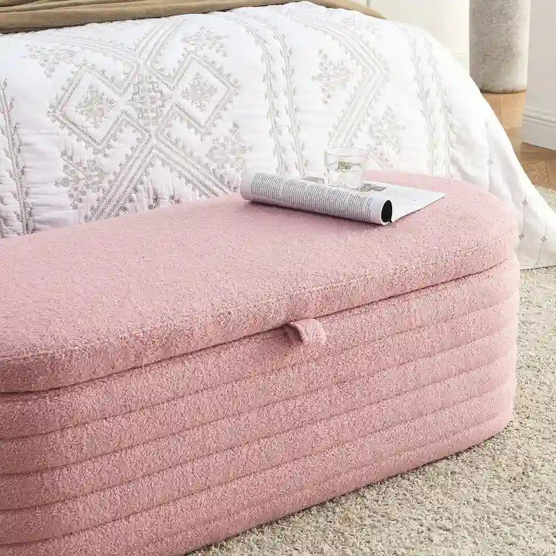 Banco de almacenamiento tapizado con tela Teddy, taburete para el pie de la cama con bisagra de seguridad