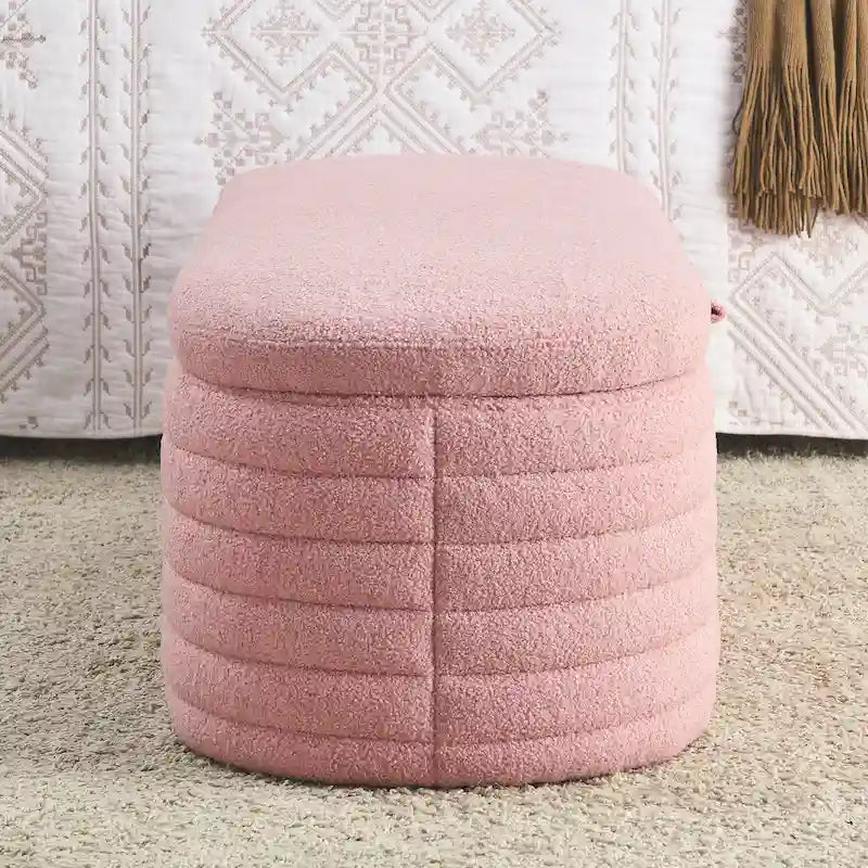 Banco de almacenamiento tapizado con tela Teddy, taburete para el pie de la cama con bisagra de seguridad