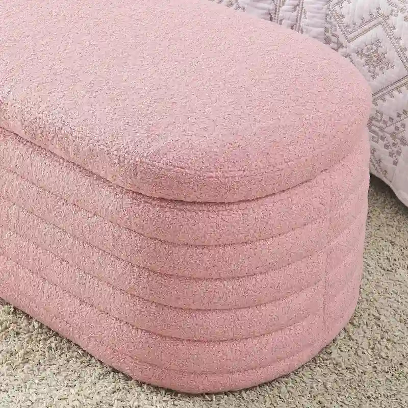 Banco de almacenamiento tapizado con tela Teddy, taburete para el pie de la cama con bisagra de seguridad