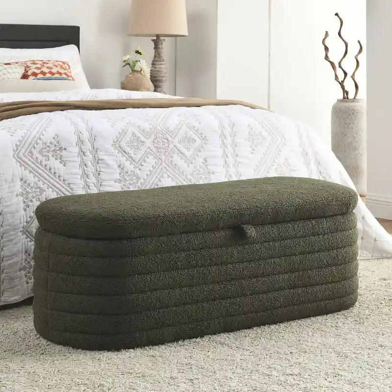 Banco de almacenamiento tapizado con tela Teddy, taburete para el pie de la cama con bisagra de seguridad
