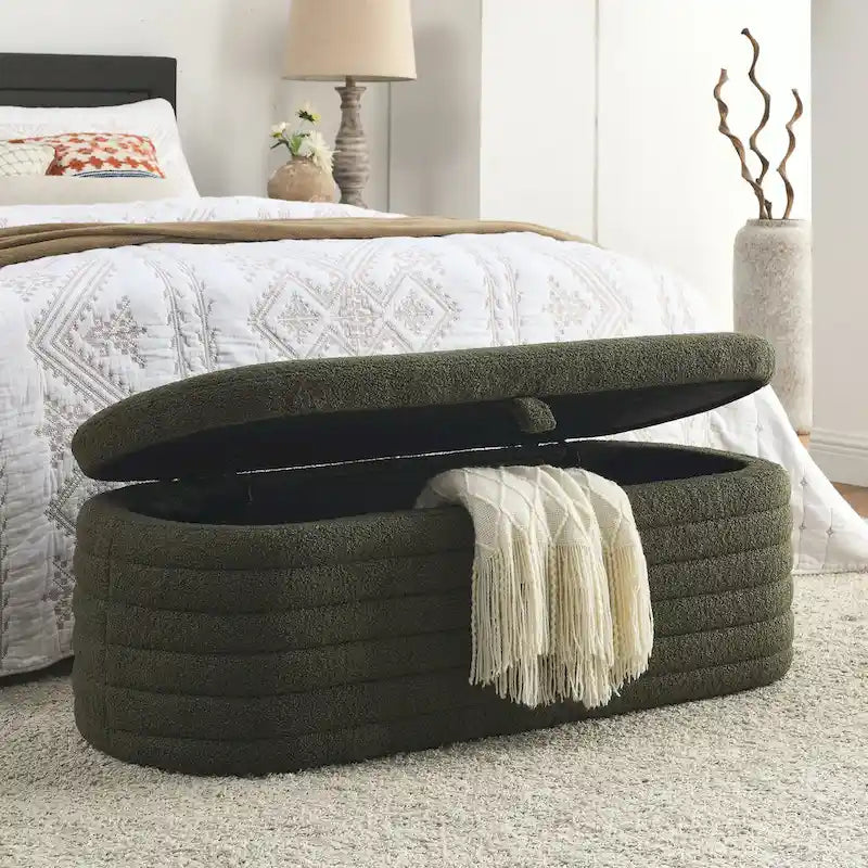 Banco de almacenamiento tapizado con tela Teddy, taburete para el pie de la cama con bisagra de seguridad