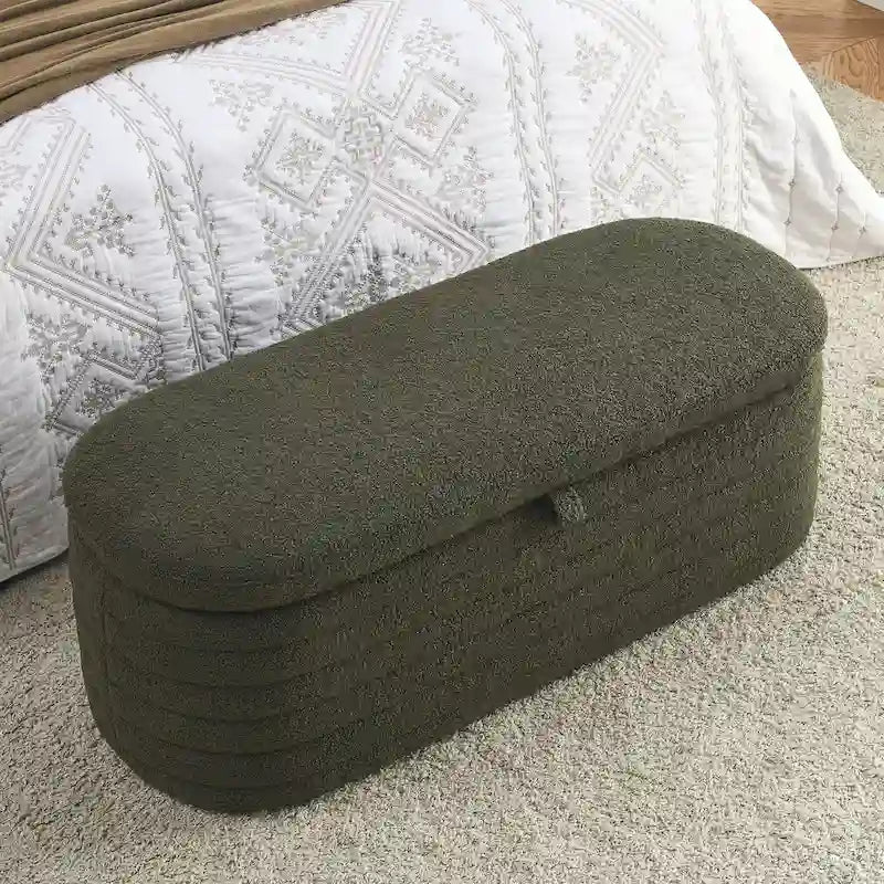 Banco de almacenamiento tapizado con tela Teddy, taburete para el pie de la cama con bisagra de seguridad