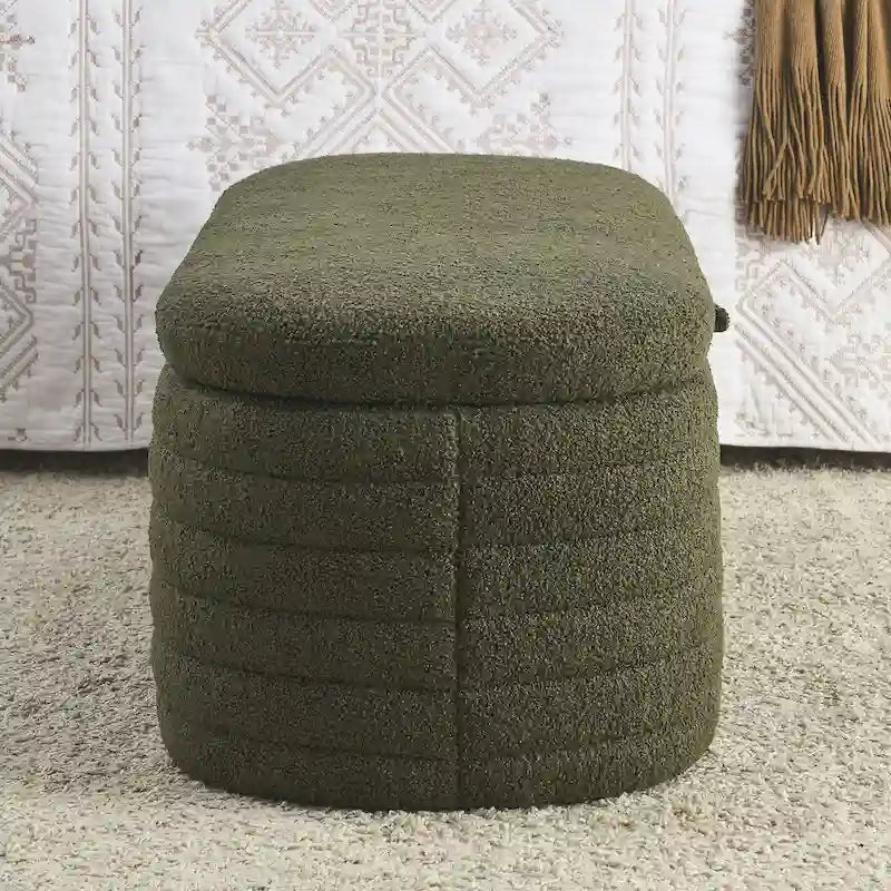 Banco de almacenamiento tapizado con tela Teddy, taburete para el pie de la cama con bisagra de seguridad