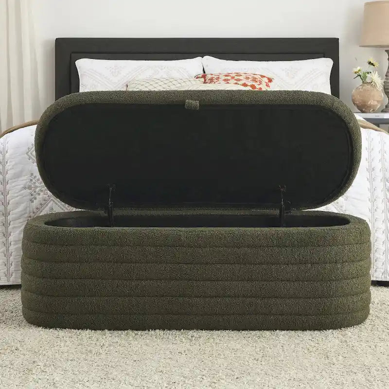 Banco de almacenamiento tapizado con tela Teddy, taburete para el pie de la cama con bisagra de seguridad