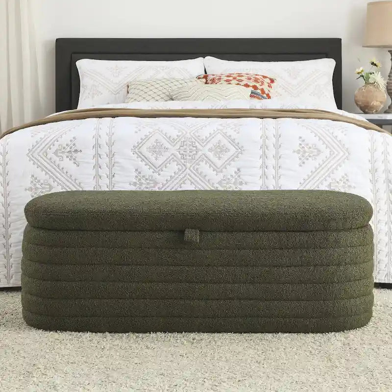 Banco de almacenamiento tapizado con tela Teddy, taburete para el pie de la cama con bisagra de seguridad