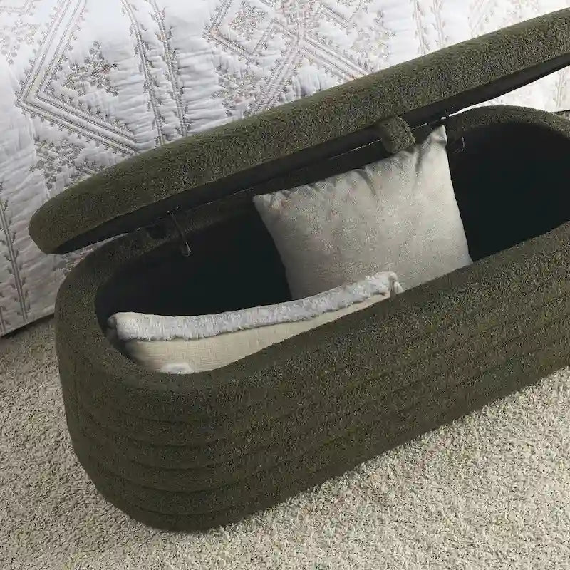 Banco de almacenamiento tapizado con tela Teddy, taburete para el pie de la cama con bisagra de seguridad