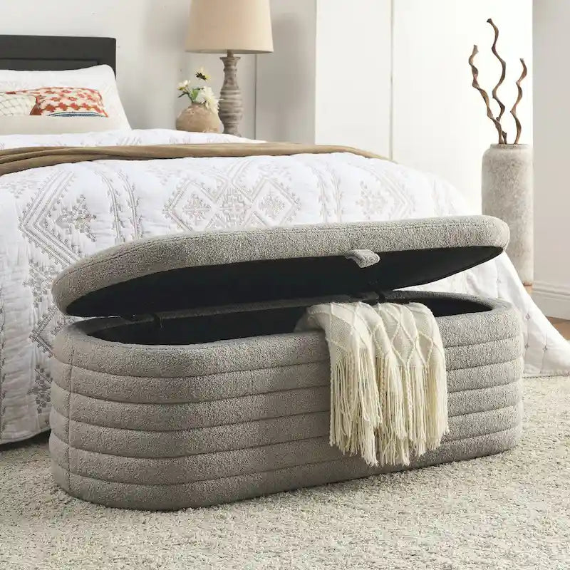 Banco de almacenamiento tapizado con tela Teddy, taburete para el pie de la cama con bisagra de seguridad