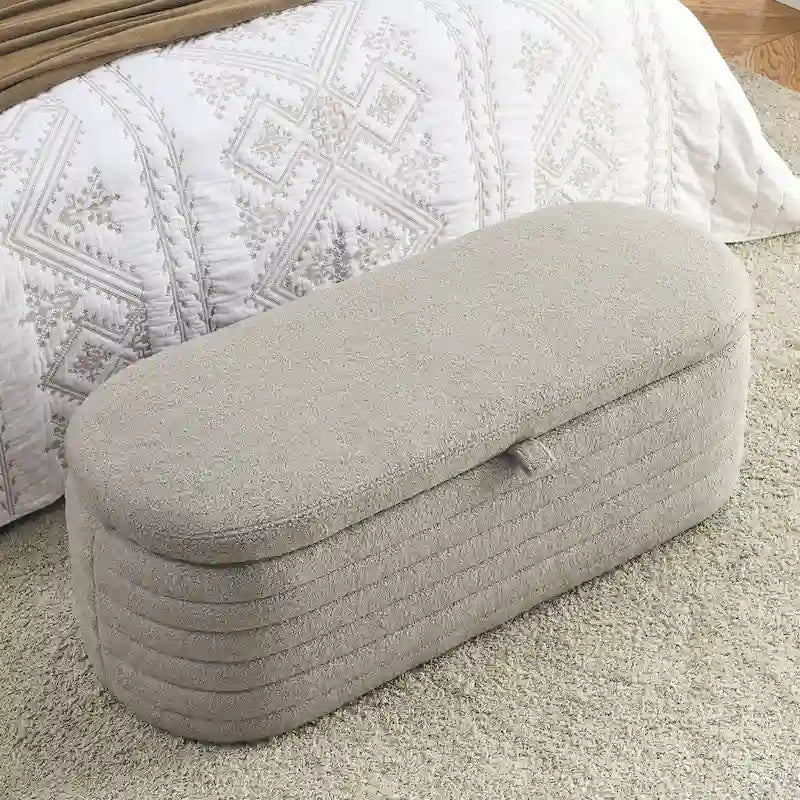 Banco de almacenamiento tapizado con tela Teddy, taburete para el pie de la cama con bisagra de seguridad