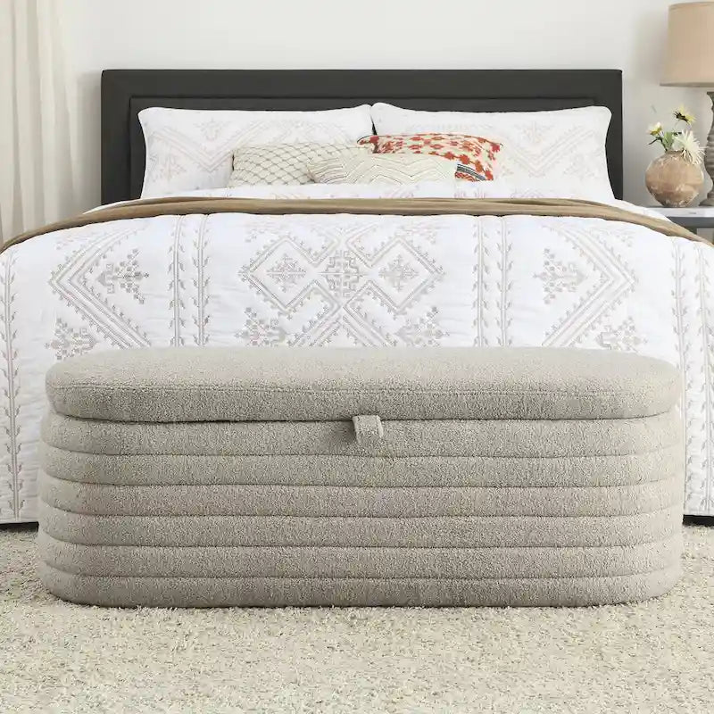 Banco de almacenamiento tapizado con tela Teddy, taburete para el pie de la cama con bisagra de seguridad