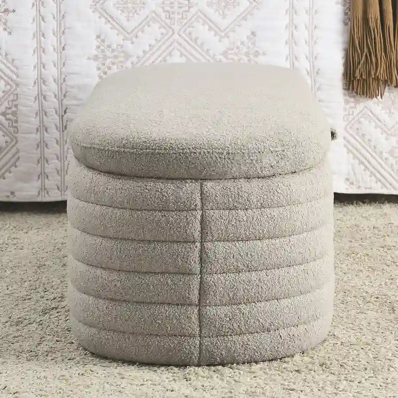 Banco de almacenamiento tapizado con tela Teddy, taburete para el pie de la cama con bisagra de seguridad