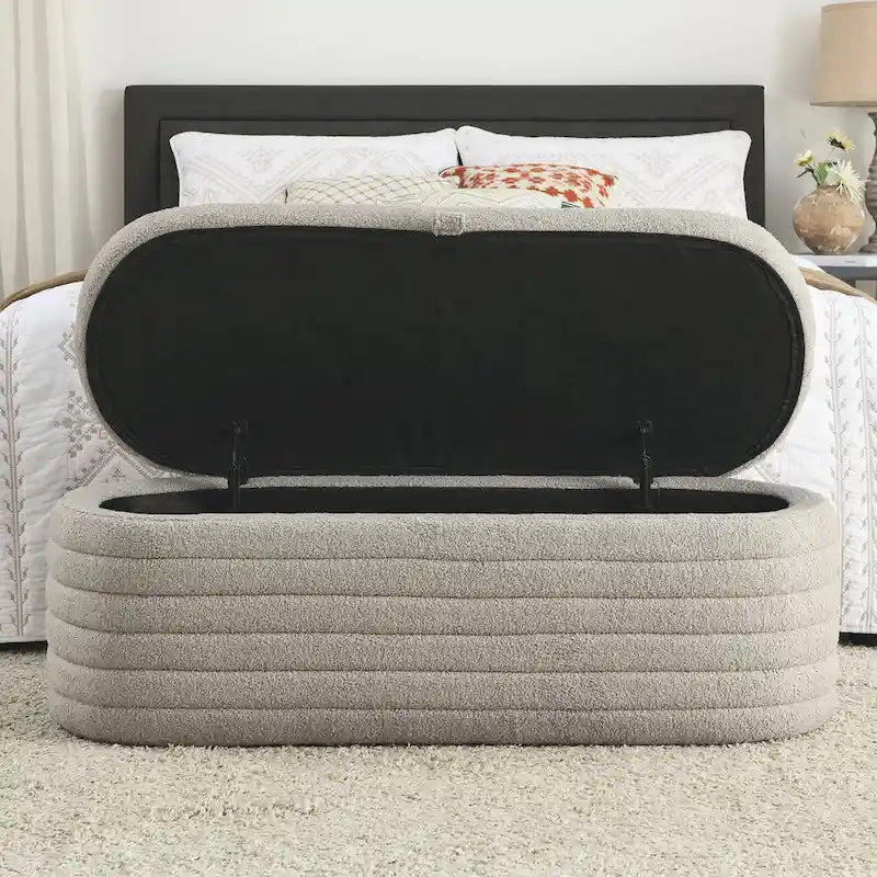Banco de almacenamiento tapizado con tela Teddy, taburete para el pie de la cama con bisagra de seguridad