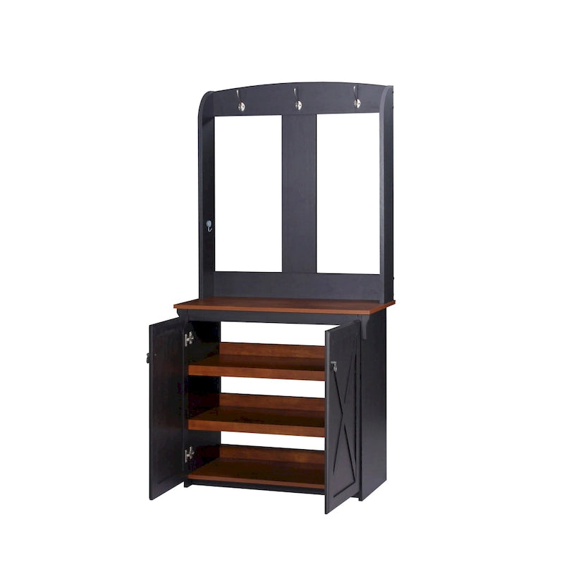67-Inch Entryway Hall Tree with Bench, Shoe Storage & Adjustable Shelves – Maple & Antique Black Dual-Tone Coat Rack