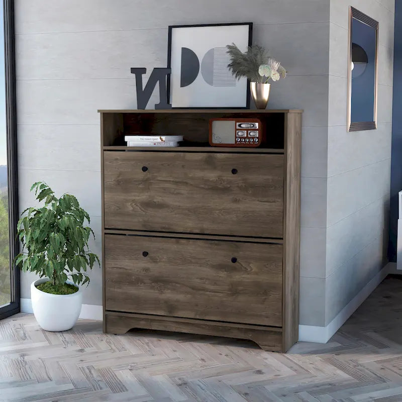 Shoe Rack, One Open Shelf, Two Extendable Cabinets