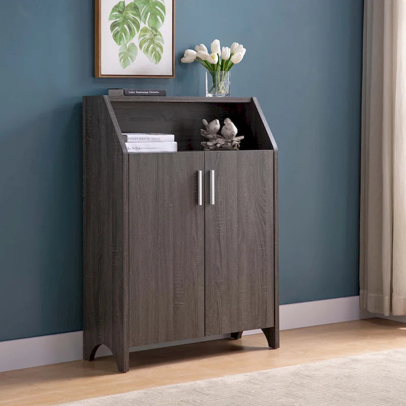Wooden Two Door Shoe Cabinet with Four Interior Shelves fits 10 Pairs of Shoes for Living Room, Entryway, Bedroom