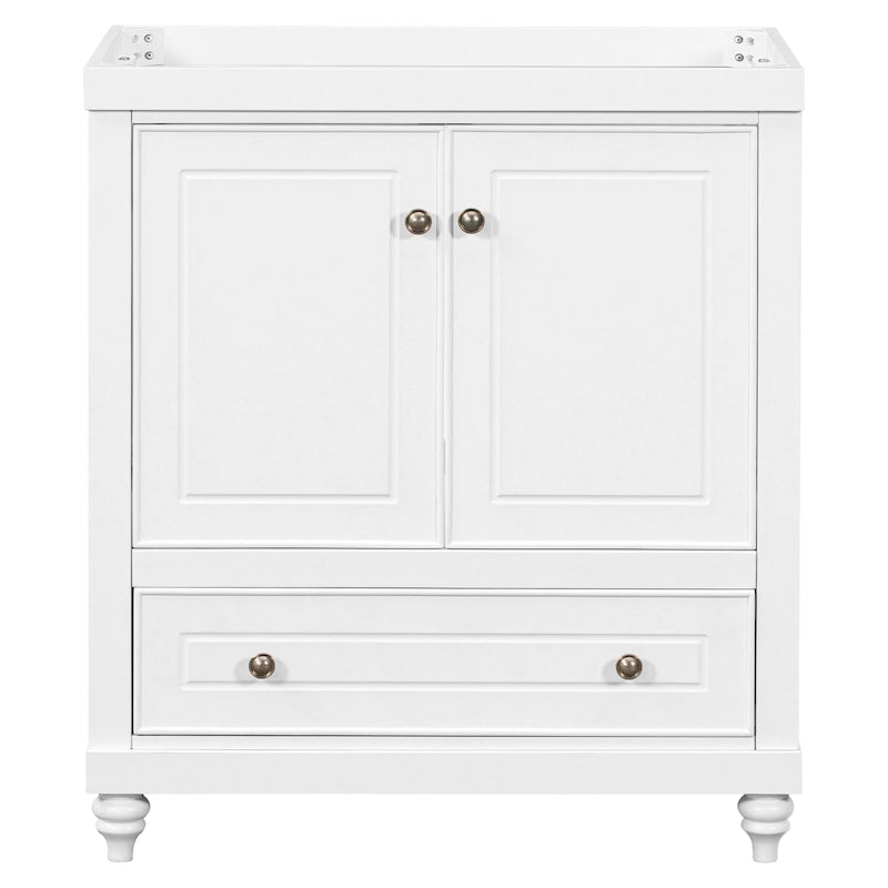 30 Inch Freestanding Bathroom Vanity without Sink – White Solid Wood Cabinet with Drawer, Bronze Handles & Waterproof Finish