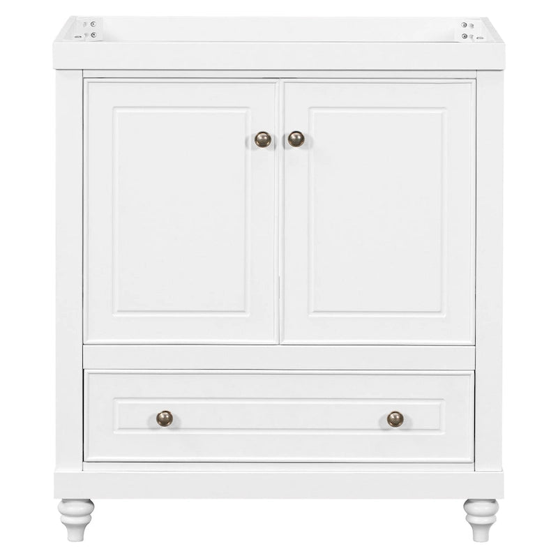 30 Inch Freestanding Bathroom Vanity without Sink – White Solid Wood Cabinet with Drawer, Bronze Handles & Waterproof Finish