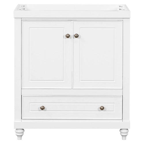 30 Inch Freestanding Bathroom Vanity without Sink – White Solid Wood Cabinet with Drawer, Bronze Handles & Waterproof Finish