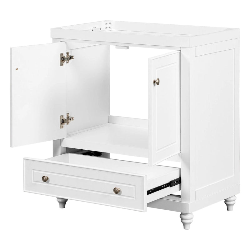 30 Inch Freestanding Bathroom Vanity without Sink – White Solid Wood Cabinet with Drawer, Bronze Handles & Waterproof Finish