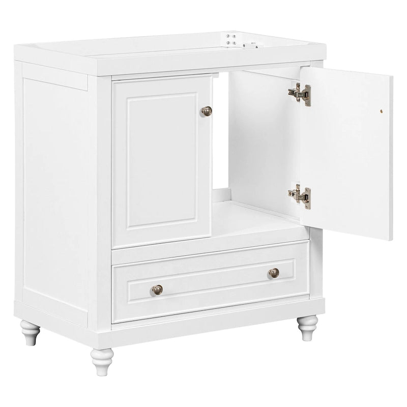 30 Inch Freestanding Bathroom Vanity without Sink – White Solid Wood Cabinet with Drawer, Bronze Handles & Waterproof Finish