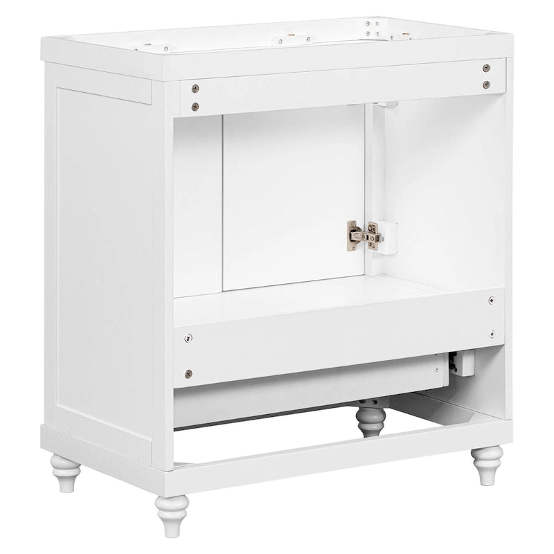 30 Inch Freestanding Bathroom Vanity without Sink – White Solid Wood Cabinet with Drawer, Bronze Handles & Waterproof Finish