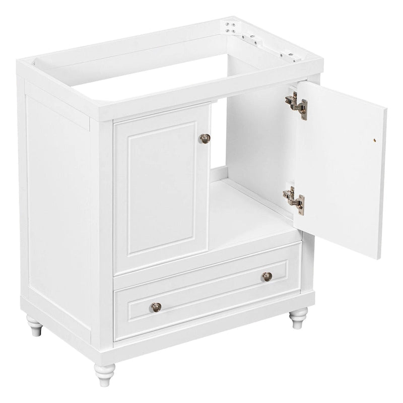30 Inch Freestanding Bathroom Vanity without Sink – White Solid Wood Cabinet with Drawer, Bronze Handles & Waterproof Finish