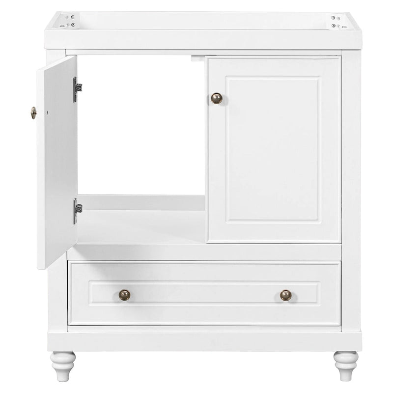 30 Inch Freestanding Bathroom Vanity without Sink – White Solid Wood Cabinet with Drawer, Bronze Handles & Waterproof Finish