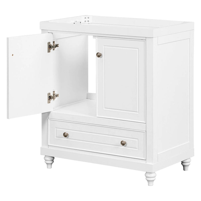30 Inch Freestanding Bathroom Vanity without Sink – White Solid Wood Cabinet with Drawer, Bronze Handles & Waterproof Finish