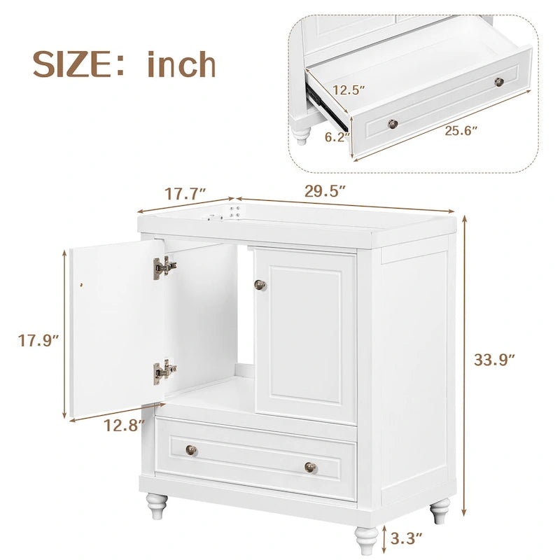 30 Inch Freestanding Bathroom Vanity without Sink – White Solid Wood Cabinet with Drawer, Bronze Handles & Waterproof Finish