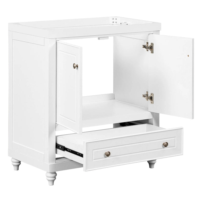30 Inch Freestanding Bathroom Vanity without Sink – White Solid Wood Cabinet with Drawer, Bronze Handles & Waterproof Finish