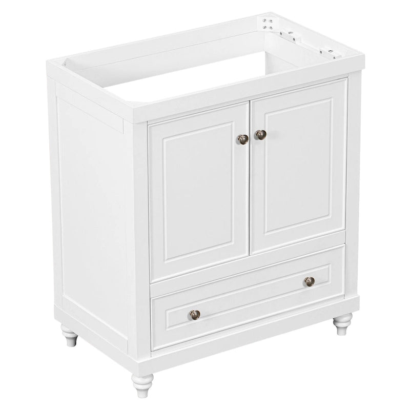 30 Inch Freestanding Bathroom Vanity without Sink – White Solid Wood Cabinet with Drawer, Bronze Handles & Waterproof Finish