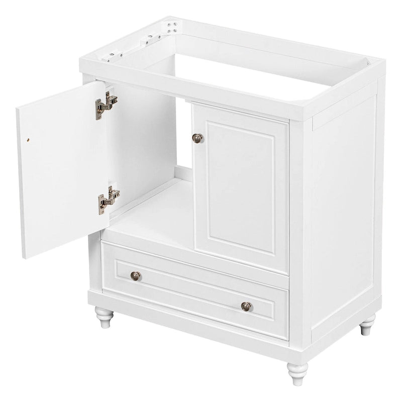 30 Inch Freestanding Bathroom Vanity without Sink – White Solid Wood Cabinet with Drawer, Bronze Handles & Waterproof Finish