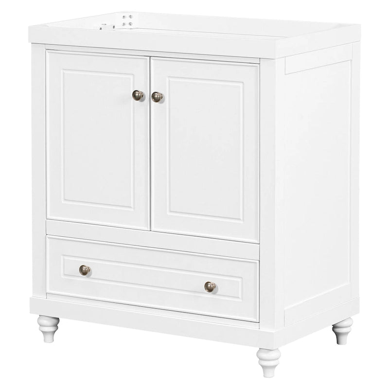30 Inch Freestanding Bathroom Vanity without Sink – White Solid Wood Cabinet with Drawer, Bronze Handles & Waterproof Finish