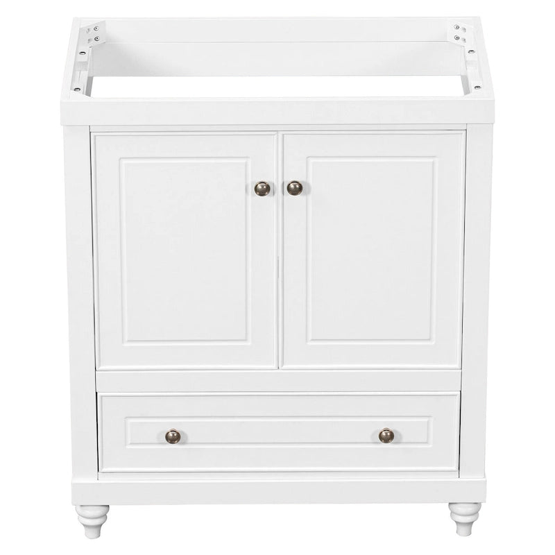 30 Inch Freestanding Bathroom Vanity without Sink – White Solid Wood Cabinet with Drawer, Bronze Handles & Waterproof Finish