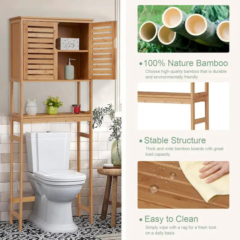 Freistehender Bambus-Organizerschrank über der Toilette, Badezimmerregal mit Türen und Einlegeböden, platzsparend