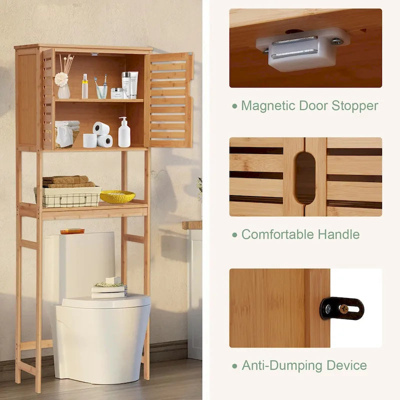 Freistehender Bambus-Organizerschrank über der Toilette, Badezimmerregal mit Türen und Einlegeböden, platzsparend
