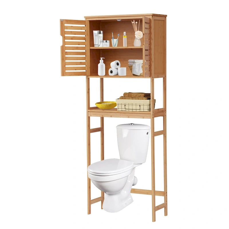 Freistehender Bambus-Organizerschrank über der Toilette, Badezimmerregal mit Türen und Einlegeböden, platzsparend