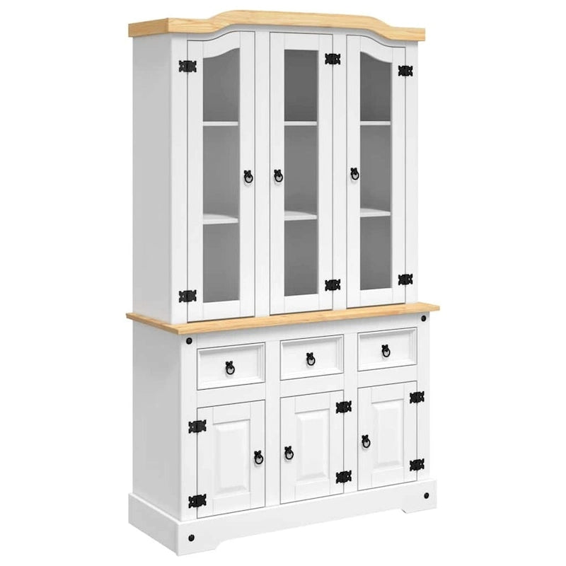 Armario alto de madera maciza de pino con puertas de vidrio y cajones, 44.1x16.9x77.2 pulgadas, acabado blanco y tapa en color natural – aparador de almacenamiento rústico y elegante