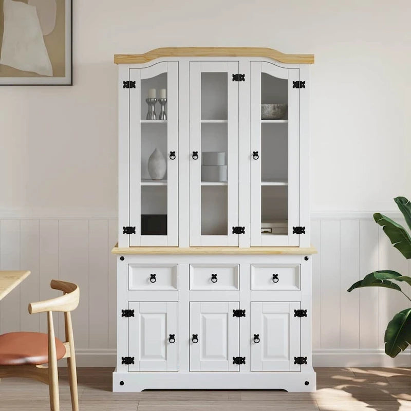 Solid Pine Wood Highboard Cabinet with Glass Doors & Drawers, 44.1x16.9x77.2 Inches, White and Natural Finish Top – Elegant Rustic Storage Sideboard