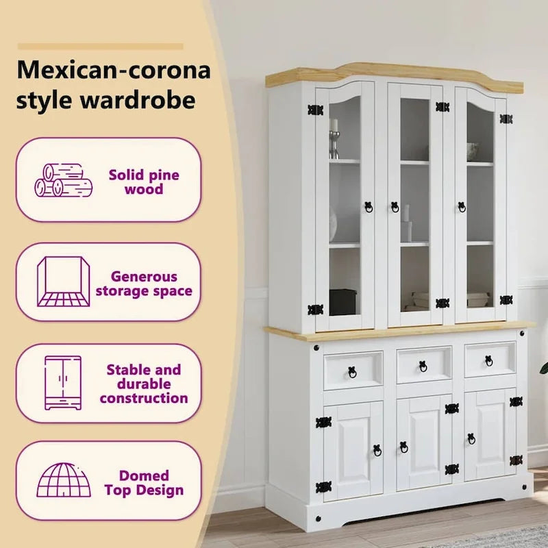 Solid Pine Wood Highboard Cabinet with Glass Doors & Drawers, 44.1x16.9x77.2 Inches, White and Natural Finish Top – Elegant Rustic Storage Sideboard